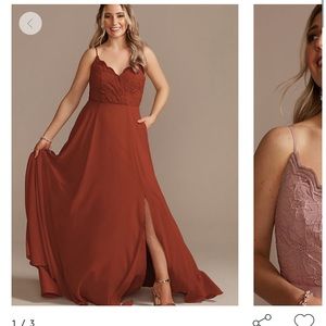 Davids Bridal lace chiffon spaghetti strap long bridesmaid dress